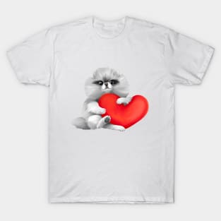 Cute puppy. Spitz dog with a red heart T-Shirt